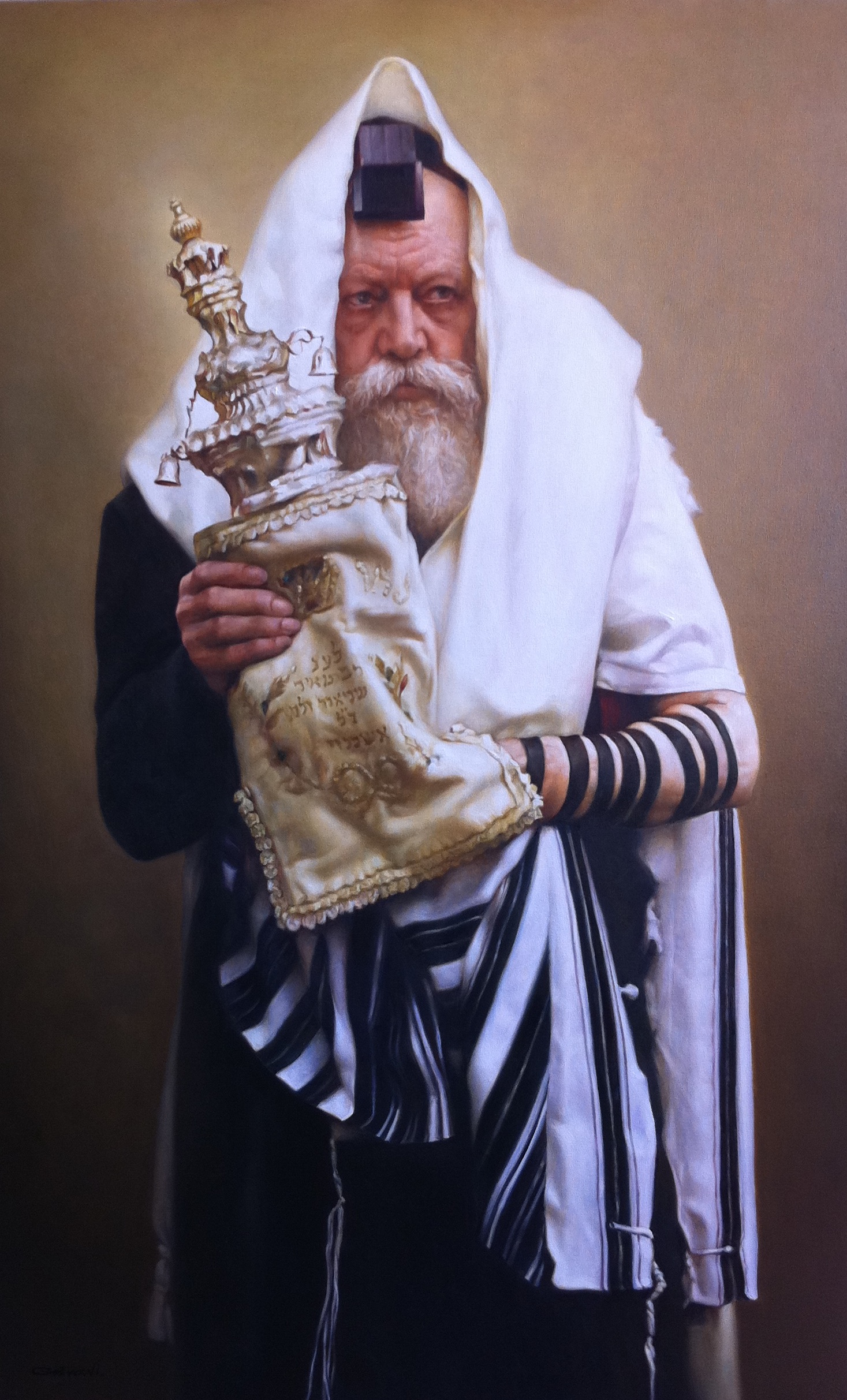 Painting by Mikhail Getman — a rabbi holding a Torah scroll
